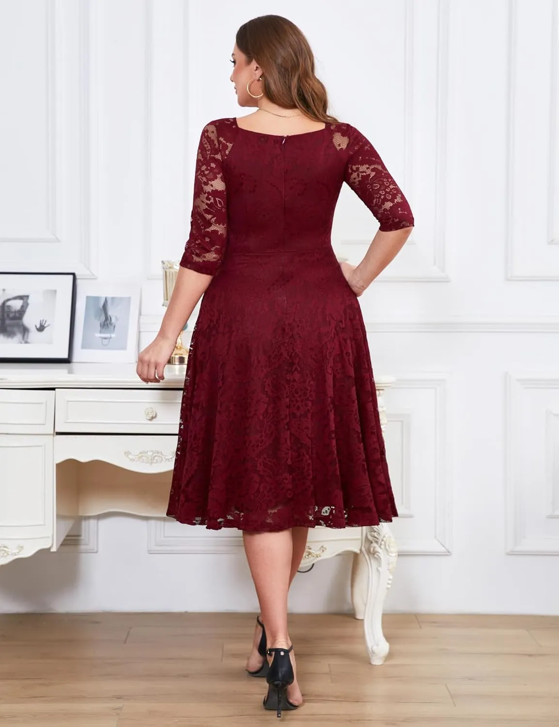 Dressystar Womens Long-Sleeve Wedding Guest Dress A-Line Lace Formal Party Cocktail Midi Dress Prom Gown