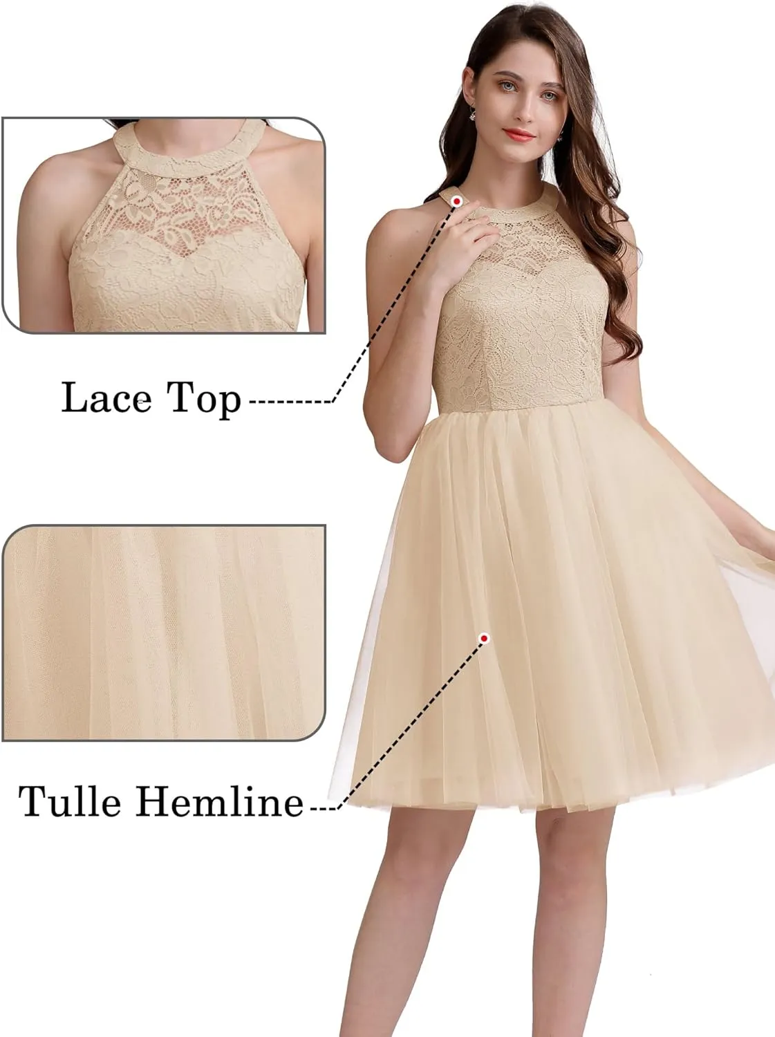 Dressystar Women's Short Halter Cocktail Party Dress Lace Tulle Prom Gown