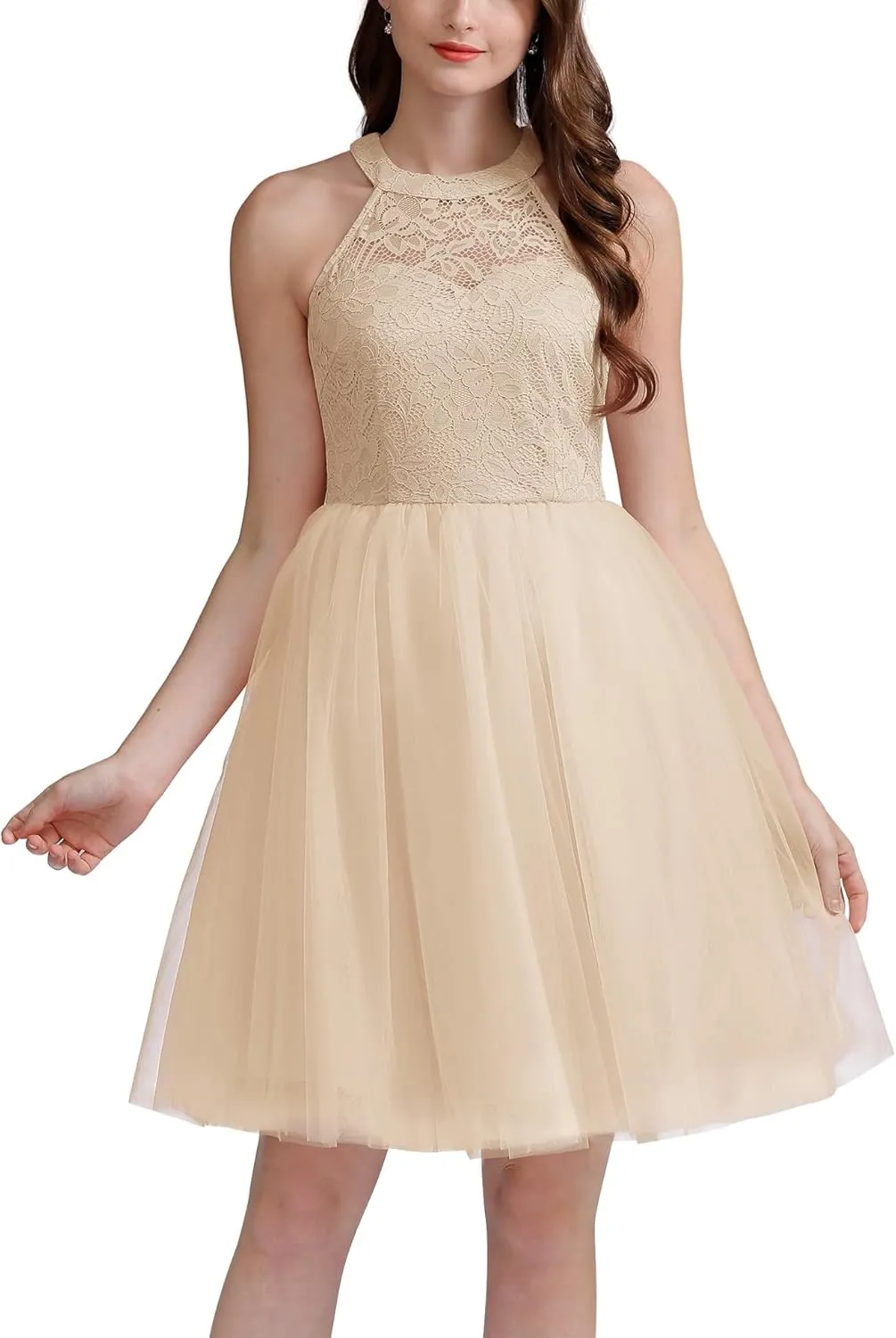 Dressystar Women's Short Halter Cocktail Party Dress Lace Tulle Prom Gown