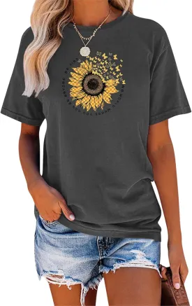 EADINVE Women's Short Sleeve Crew Neck Sunflower Graphic Printed Summer Tee Vintage T Shirt Cotton Tops Novelty Cool Shirt