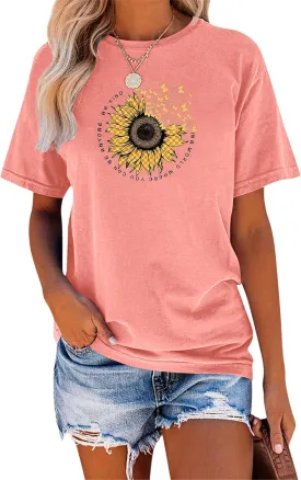 EADINVE Women's Short Sleeve Crew Neck Sunflower Graphic Printed Summer Tee Vintage T Shirt Cotton Tops Novelty Cool Shirt