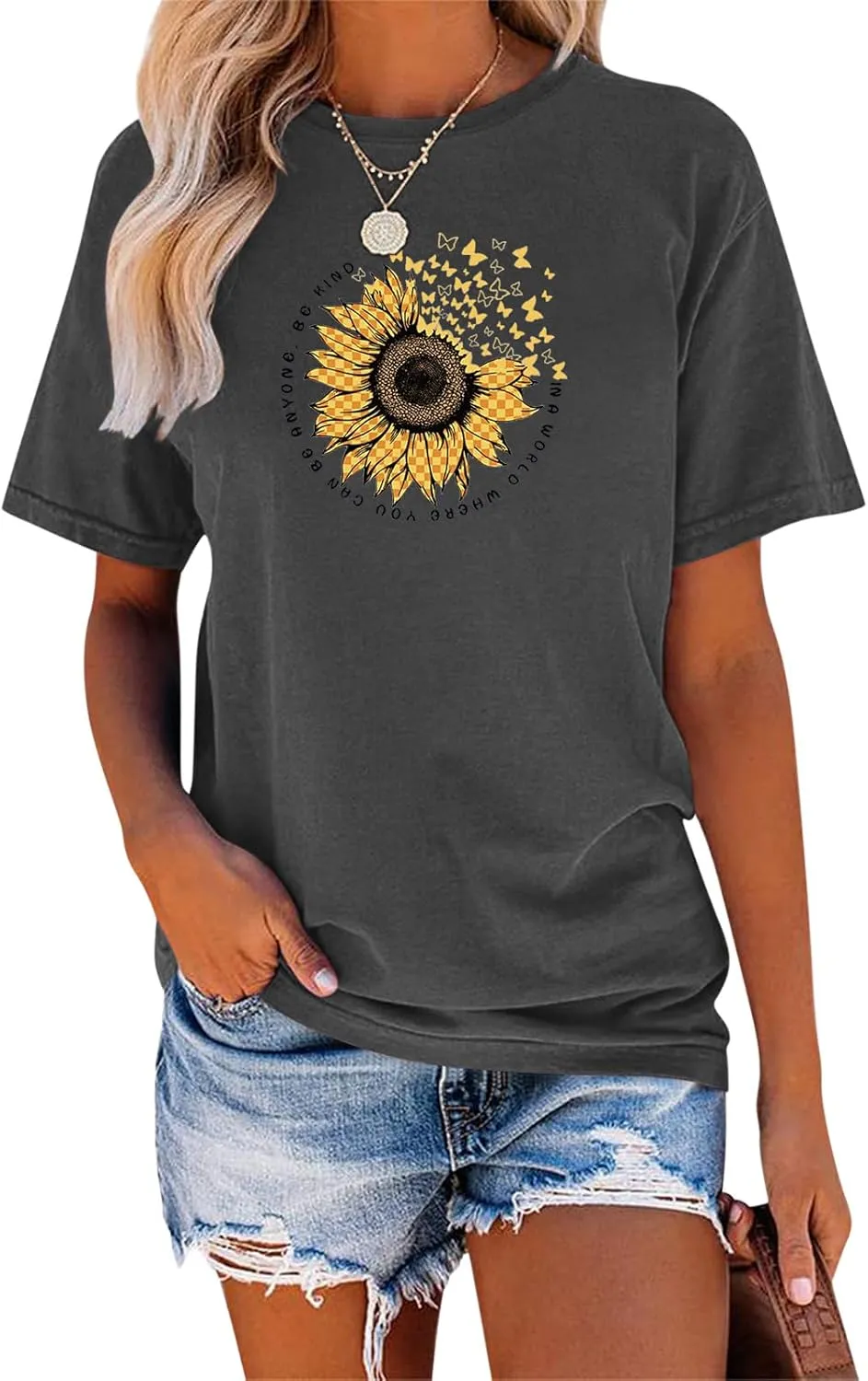 EADINVE Women's Short Sleeve Crew Neck Sunflower Graphic Printed Summer Tee Vintage T Shirt Cotton Tops Novelty Cool Shirt