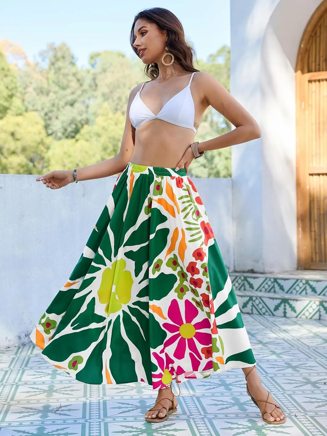 Eddoyee Women's Floral Print High-Waist Skirts Boho Casual Beach Holiday Midi Skirt Summer Swim Cover-Up Long Skirts