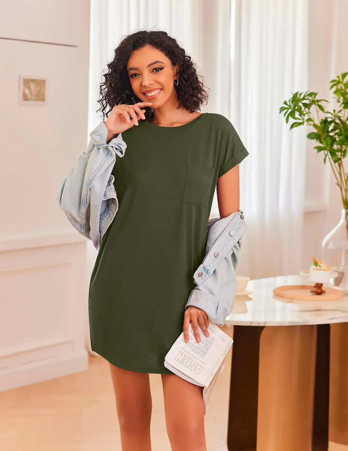 Ekouaer Tshirt Nightgowns for Women Slub-Knit Sleepshirt Soft Night Gown Casual Sleepwear Night Shirt with Pockets S-2XL