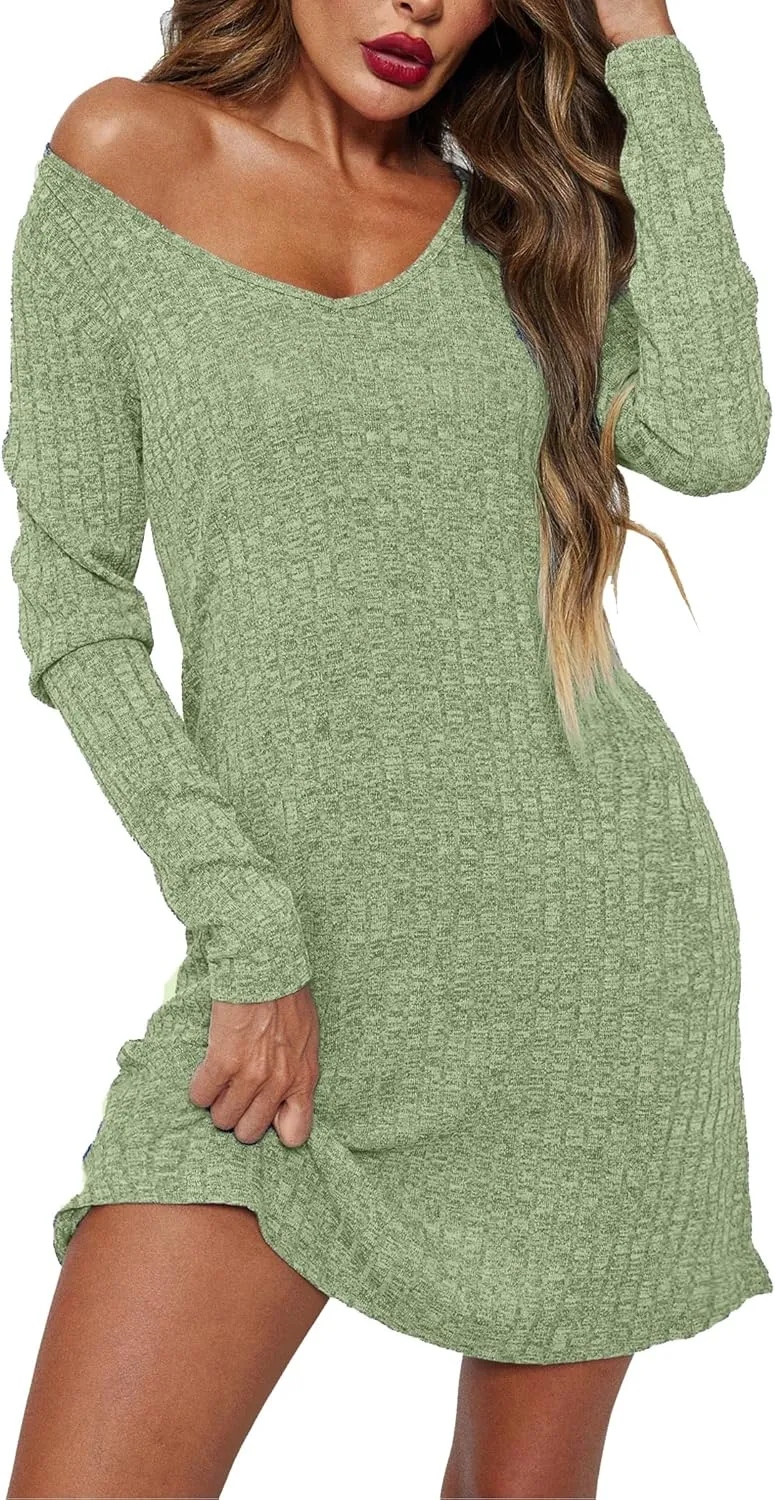 Ekouaer Womens Nightgown Long Sleeve Rib Knit Pajama Dress V Neck Soft Loungewear Sleepwear S-XXL