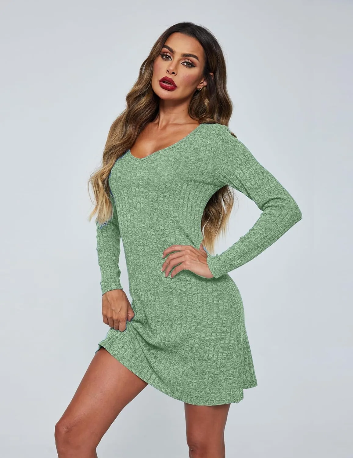 Ekouaer Womens Nightgown Long Sleeve Rib Knit Pajama Dress V Neck Soft Loungewear Sleepwear S-XXL