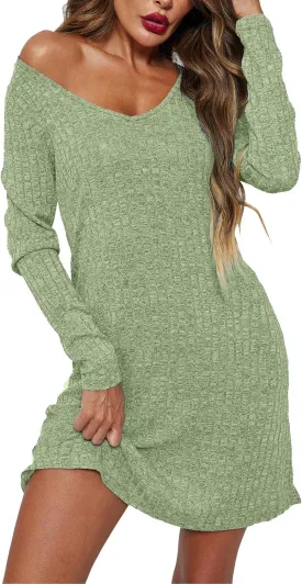 Ekouaer Womens Nightgown Long Sleeve Rib Knit Pajama Dress V Neck Soft Loungewear Sleepwear S-XXL