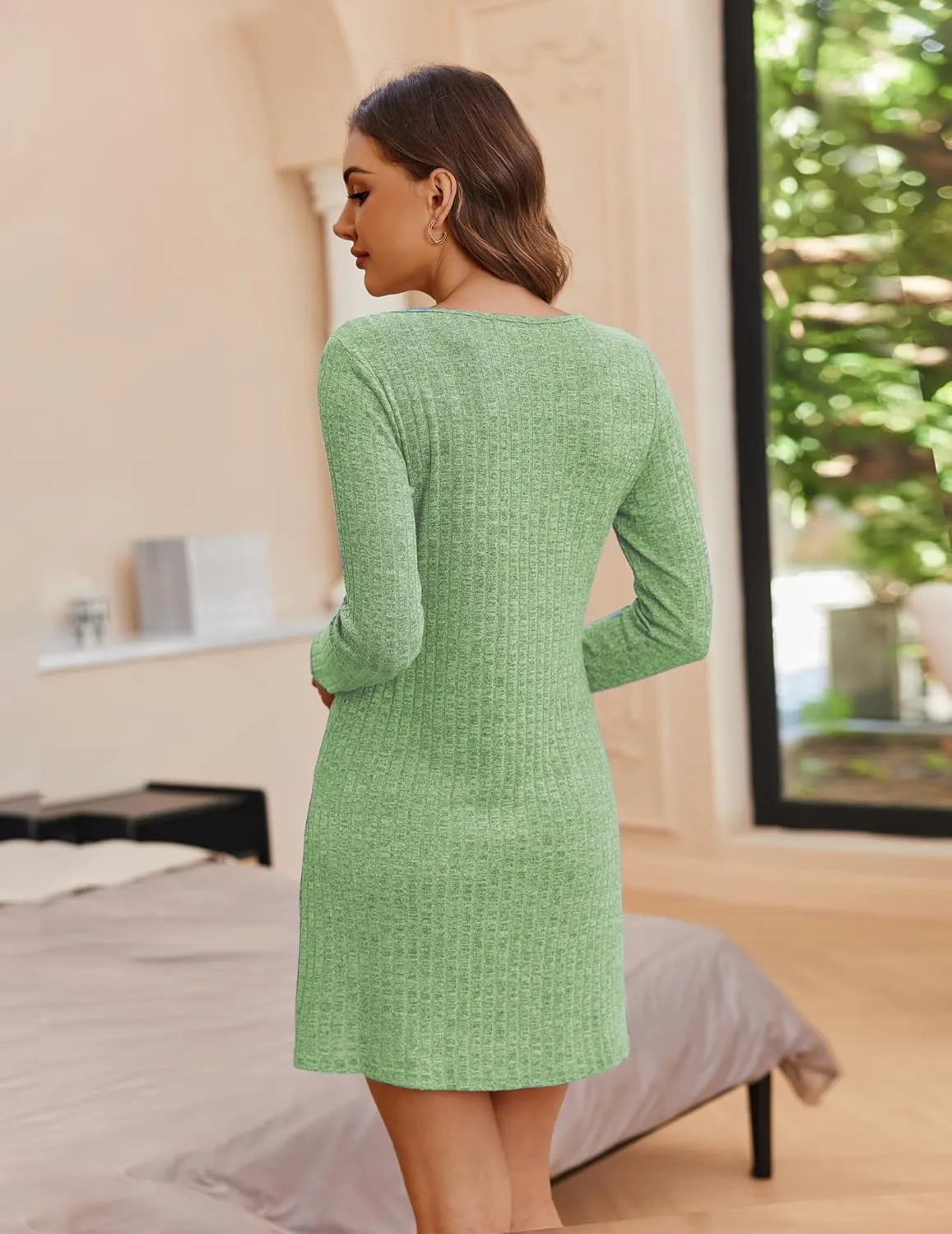 Ekouaer Womens Nightgown Long Sleeve Rib Knit Pajama Dress V Neck Soft Loungewear Sleepwear S-XXL