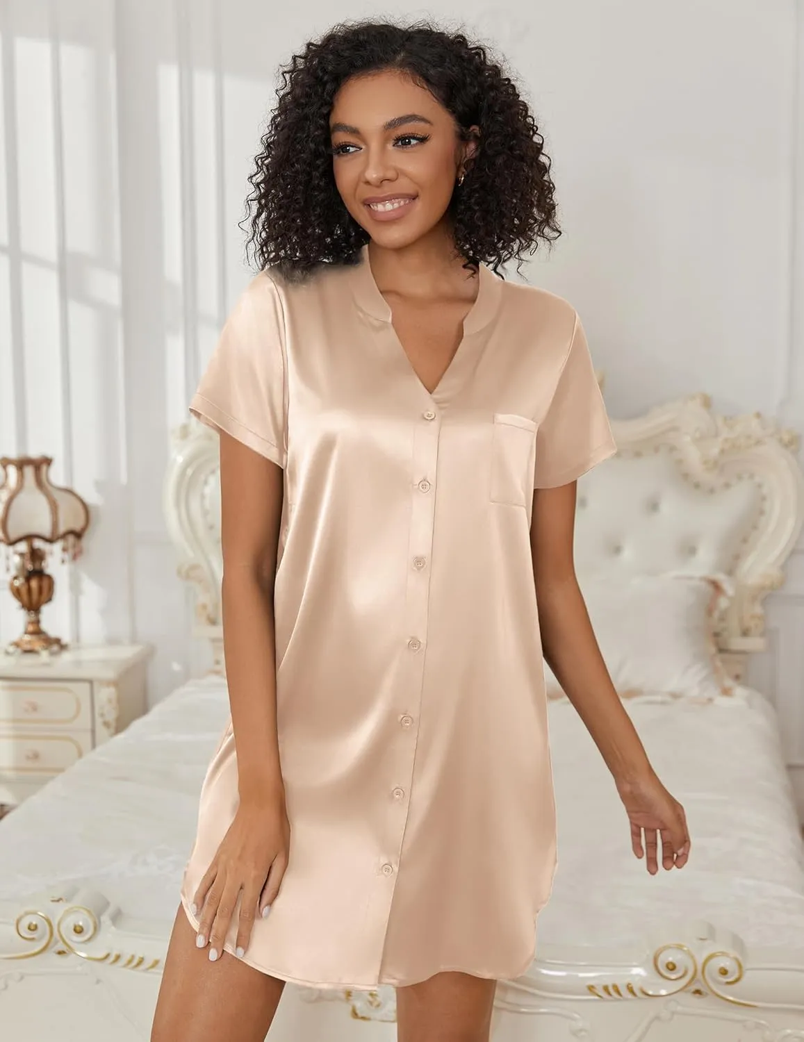 Ekouaer Womens Satin Nightgown Soft Short Sleeve Sleepshirts Button Down Silky Sleepwear V Neck Loungewear