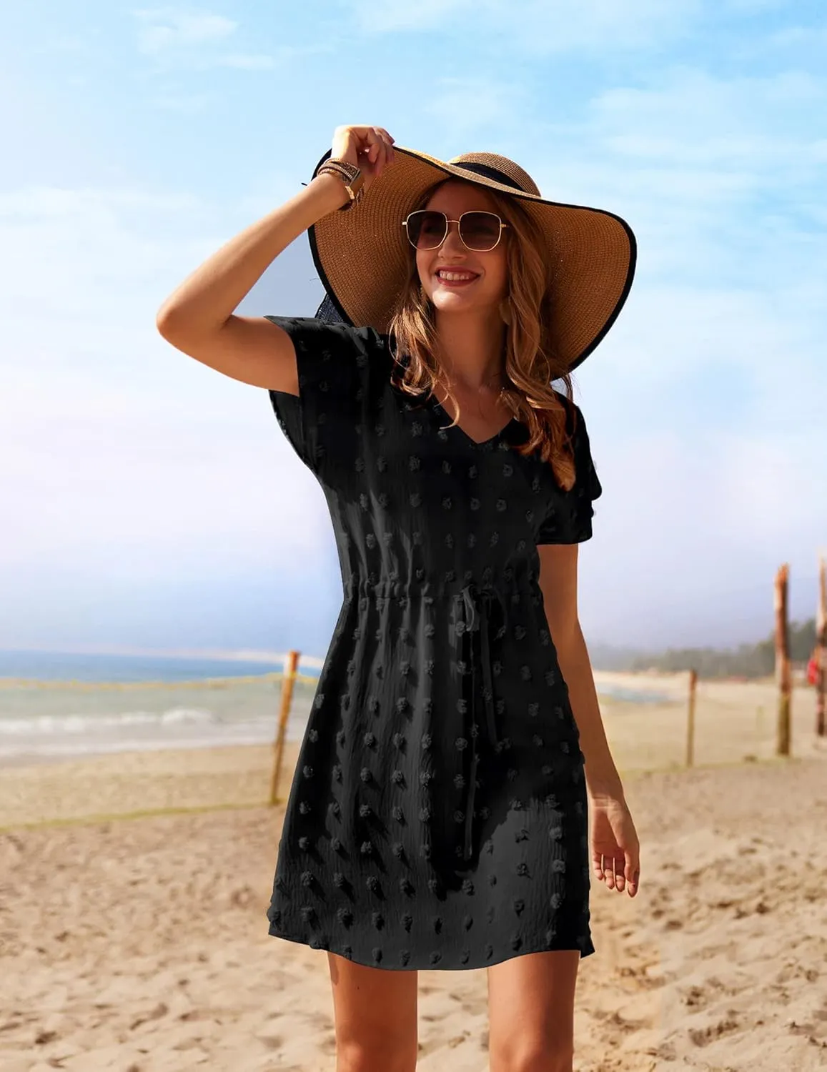 Ekouaer Womens Swimsuit Cover Up Swiss Dots Chiffon Bikini Beachwear Flowy Pom Pom Coverups