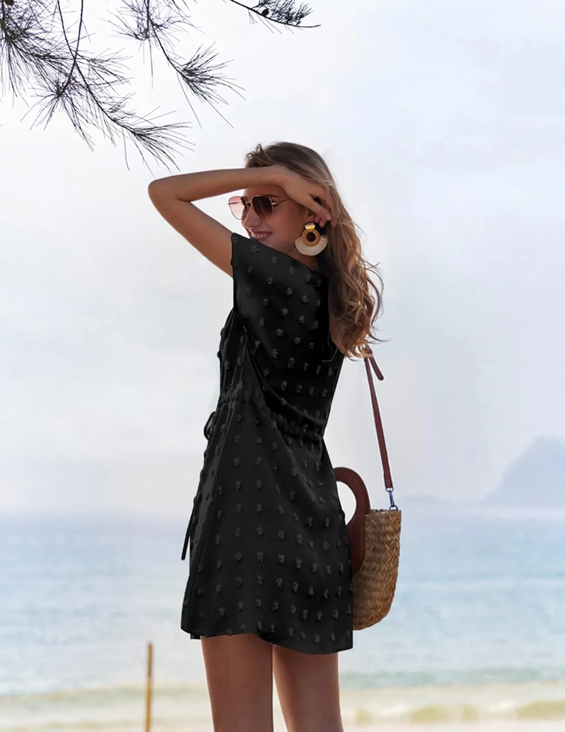 Ekouaer Womens Swimsuit Cover Up Swiss Dots Chiffon Bikini Beachwear Flowy Pom Pom Coverups