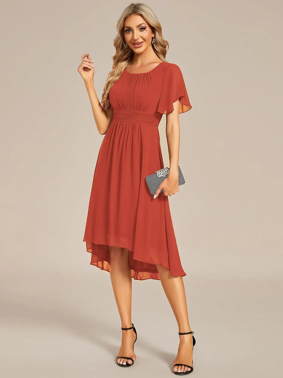 Ever-Pretty Women's Chiffon Crew Neck Pleated Waist Short Sleeve Wedding Guest Dress 02053