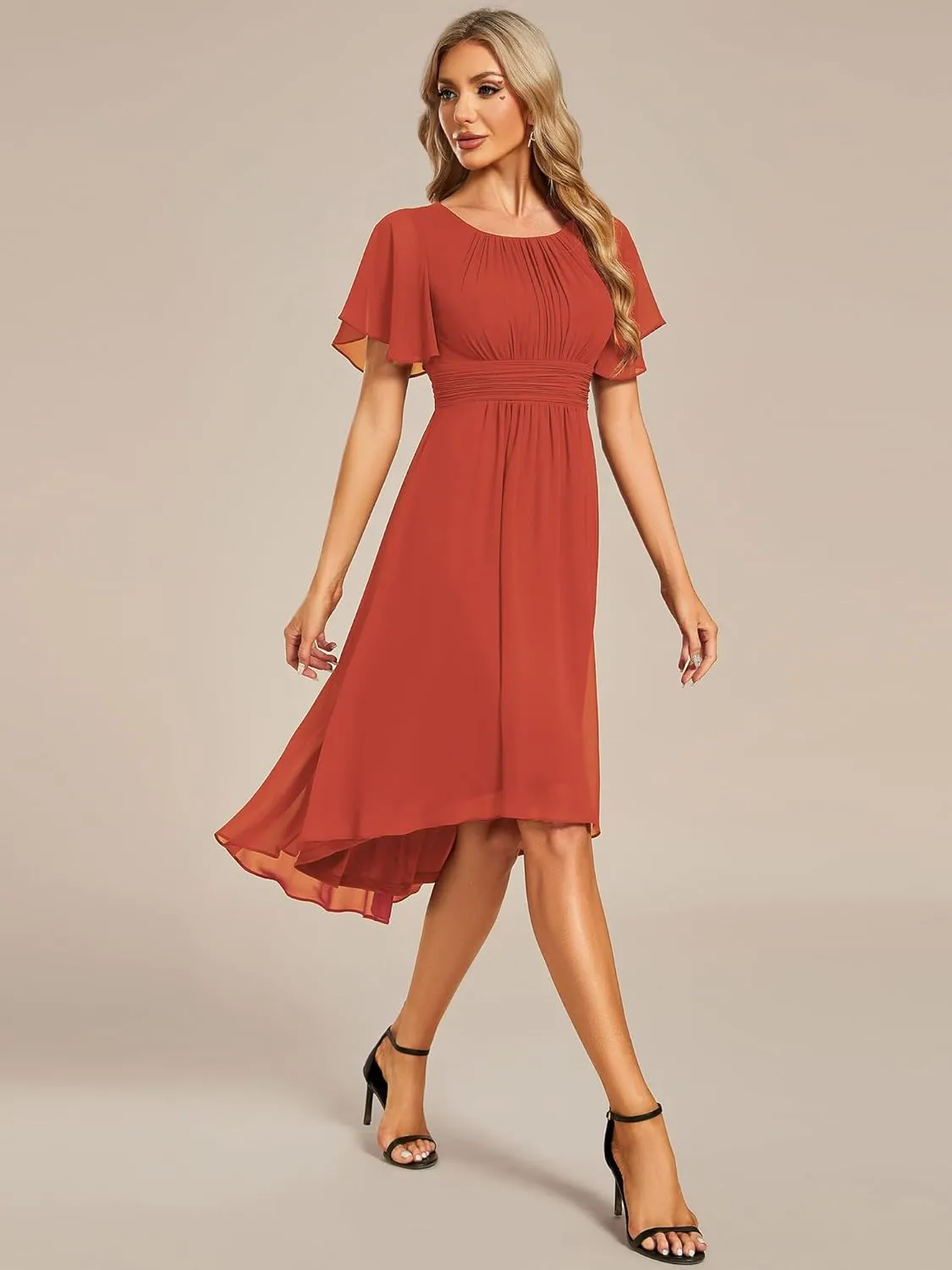 Ever-Pretty Women's Chiffon Crew Neck Pleated Waist Short Sleeve Wedding Guest Dress 02053