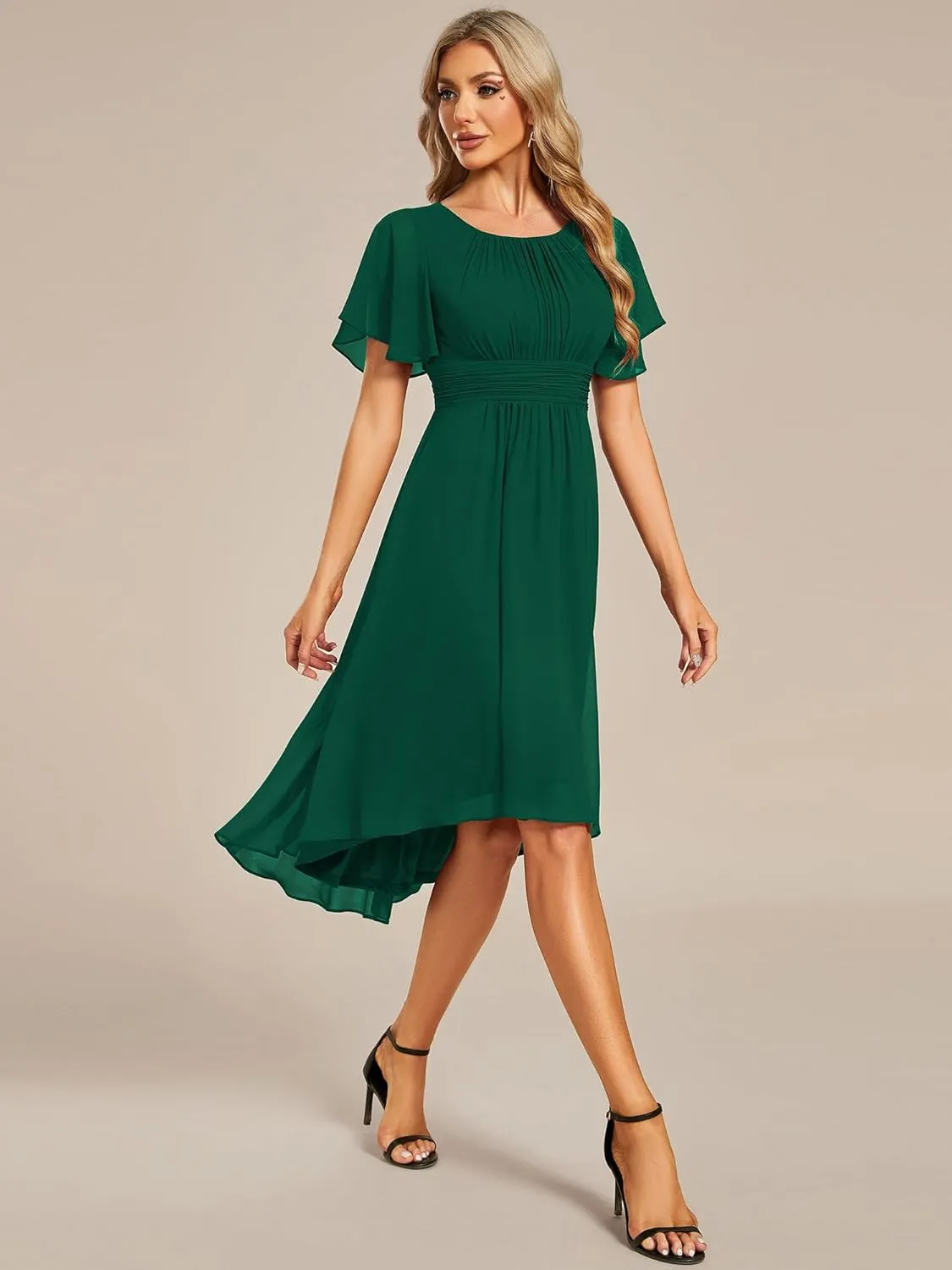 Ever-Pretty Women's Chiffon Crew Neck Pleated Waist Short Sleeve Wedding Guest Dress 02053