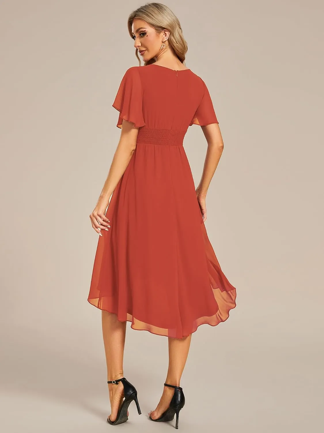 Ever-Pretty Women's Chiffon Crew Neck Pleated Waist Short Sleeve Wedding Guest Dress 02053