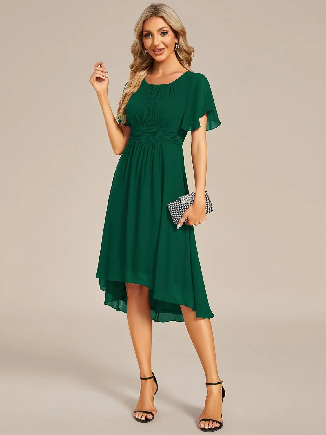 Ever-Pretty Women's Chiffon Crew Neck Pleated Waist Short Sleeve Wedding Guest Dress 02053