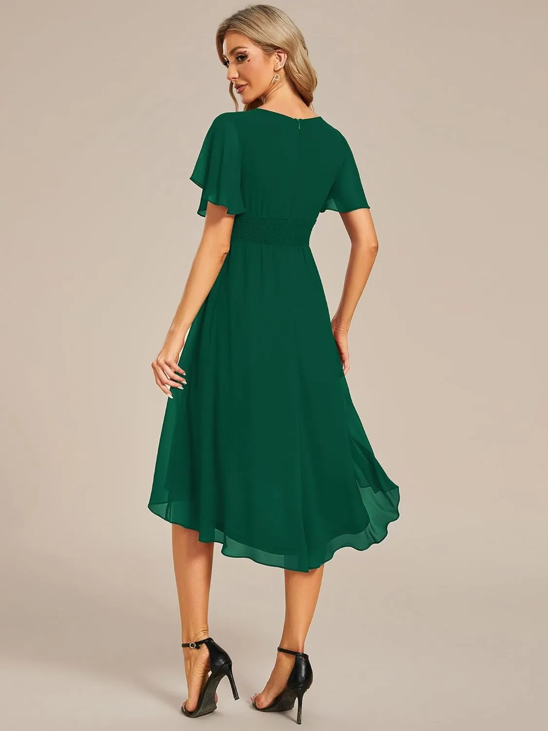 Ever-Pretty Women's Chiffon Crew Neck Pleated Waist Short Sleeve Wedding Guest Dress 02053
