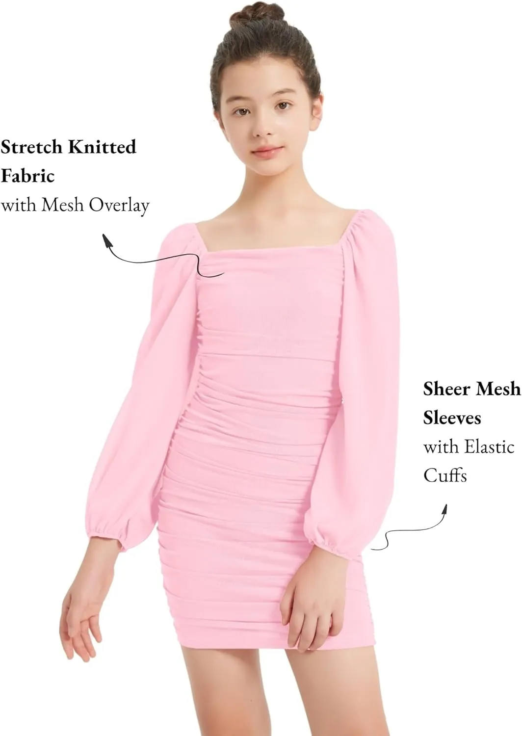 EXARUS Girls Ruched Bodycon Dress Teens Mesh Lantern Sleeve Party Dance Homecoming Tight Short Pencil Dresses