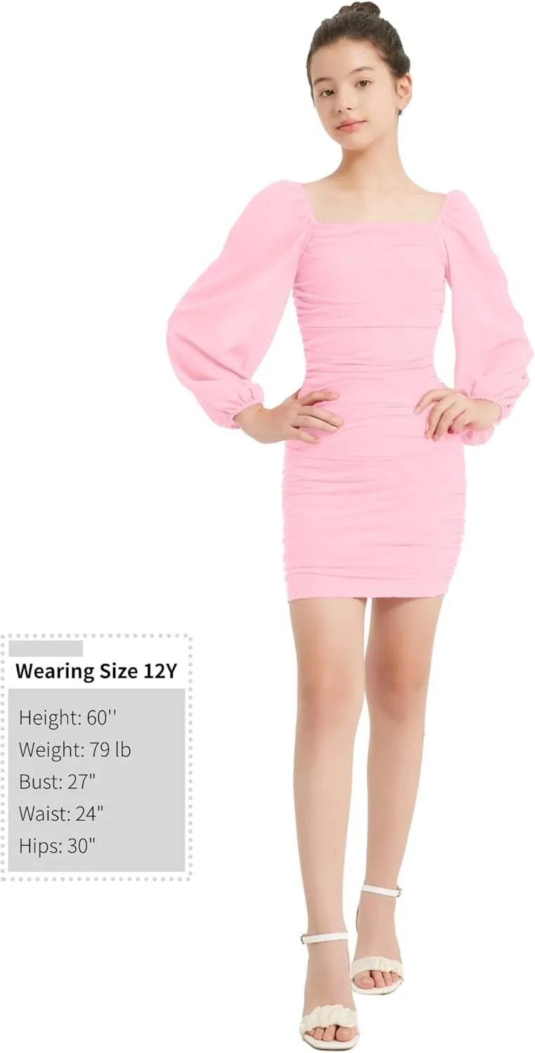 EXARUS Girls Ruched Bodycon Dress Teens Mesh Lantern Sleeve Party Dance Homecoming Tight Short Pencil Dresses