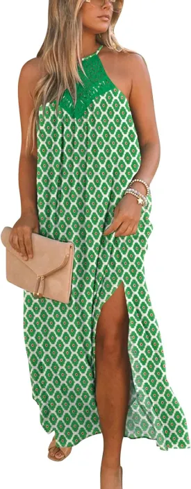 FARORO Sleeveless Long Dress for Women Boho Halter Maxi Sundress Casual Loose Dresses Split Cover Up Gown with Pockets