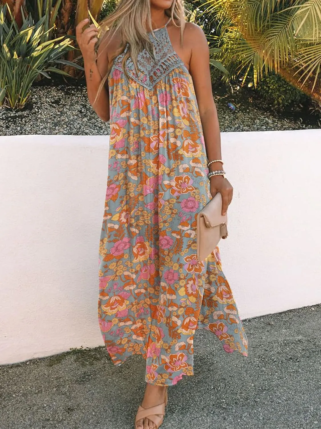 FARORO Sleeveless Long Dress for Women Boho Halter Maxi Sundress Casual Loose Dresses Split Cover Up Gown with Pockets