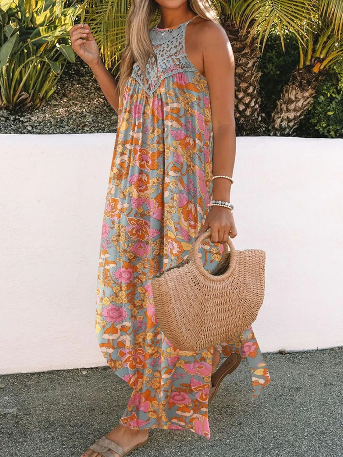 FARORO Sleeveless Long Dress for Women Boho Halter Maxi Sundress Casual Loose Dresses Split Cover Up Gown with Pockets
