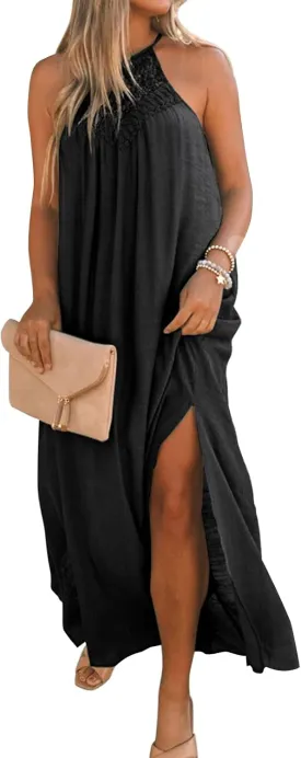 FARORO Sleeveless Long Dress for Women Boho Halter Maxi Sundress Casual Loose Dresses Split Cover Up Gown with Pockets