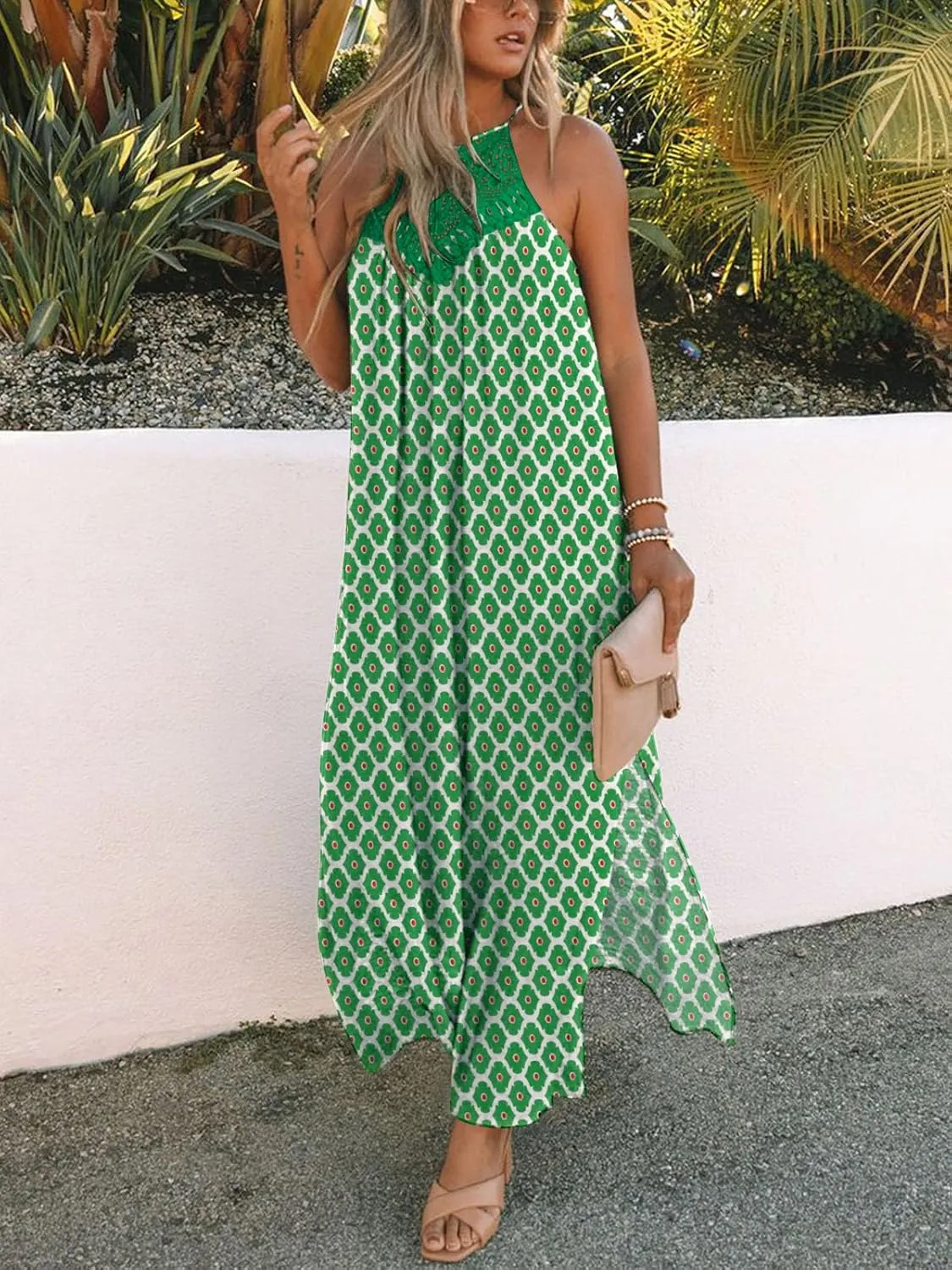 FARORO Sleeveless Long Dress for Women Boho Halter Maxi Sundress Casual Loose Dresses Split Cover Up Gown with Pockets