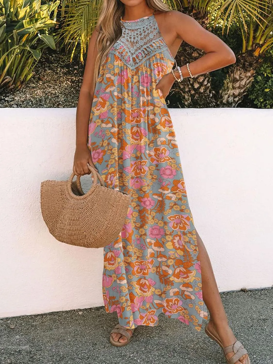 FARORO Sleeveless Long Dress for Women Boho Halter Maxi Sundress Casual Loose Dresses Split Cover Up Gown with Pockets