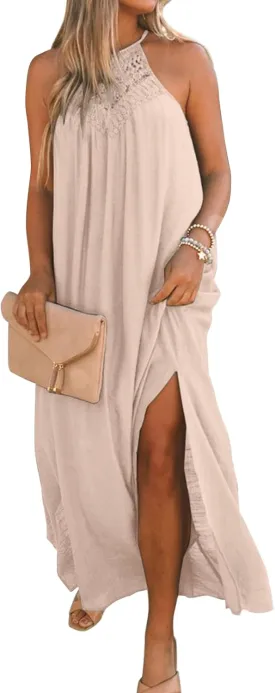 FARORO Sleeveless Long Dress for Women Boho Halter Maxi Sundress Casual Loose Dresses Split Cover Up Gown with Pockets