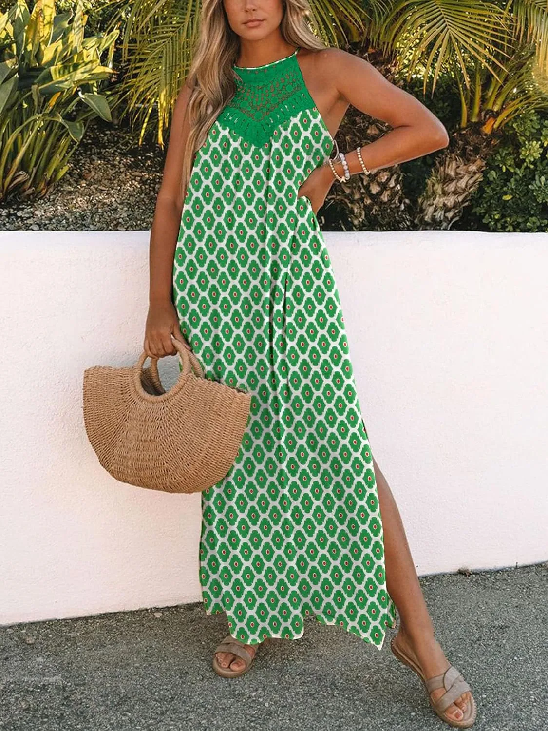 FARORO Sleeveless Long Dress for Women Boho Halter Maxi Sundress Casual Loose Dresses Split Cover Up Gown with Pockets