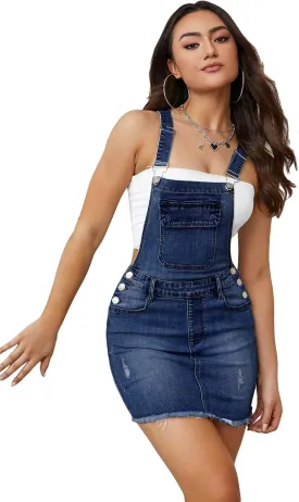 Floerns Women's Sleeveless Raw Hem High Waist Jumpsuit Flap Pocket Overall Denim Mini Dress