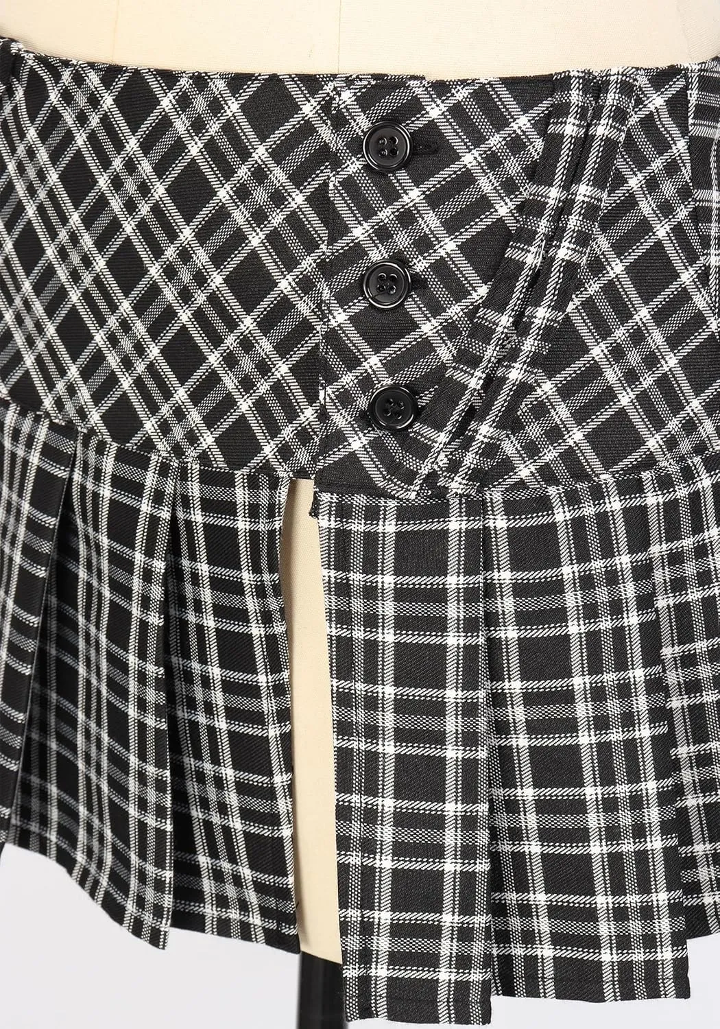 FURPHI Mini Plaid Pleated Skirt Women's US Size Low Waist Slit Schoolgirl Uniform