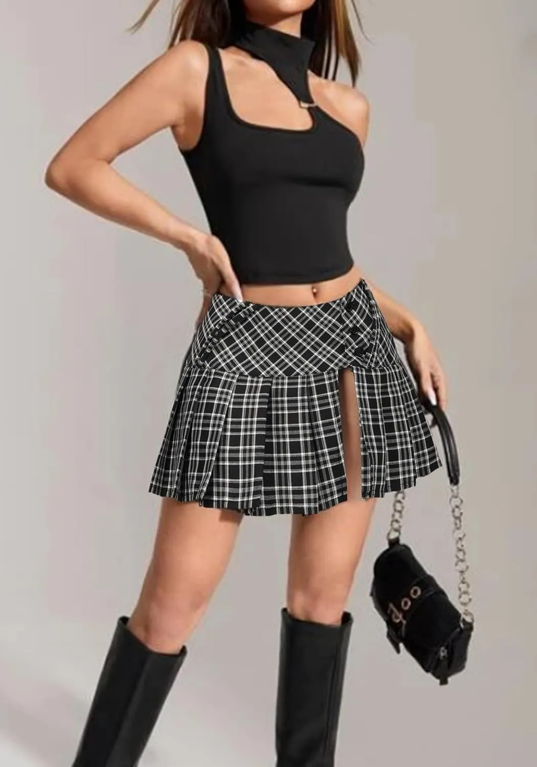 FURPHI Mini Plaid Pleated Skirt Women's US Size Low Waist Slit Schoolgirl Uniform