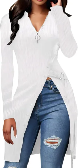 Glozeplus Sexy Sweaters For Women Long Sleeve Tunics Zip Up Ribbed Tops Knit Side Split Asymmetrical Blouse Top
