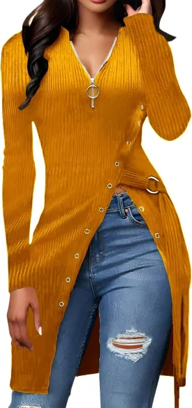Glozeplus Sexy Sweaters For Women Long Sleeve Tunics Zip Up Ribbed Tops Knit Side Split Asymmetrical Blouse Top