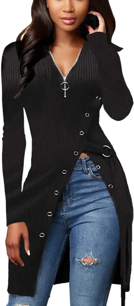Glozeplus Sexy Sweaters For Women Long Sleeve Tunics Zip Up Ribbed Tops Knit Side Split Asymmetrical Blouse Top
