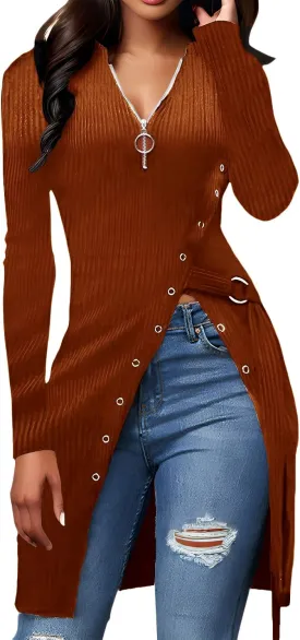 Glozeplus Sexy Sweaters For Women Long Sleeve Tunics Zip Up Ribbed Tops Knit Side Split Asymmetrical Blouse Top