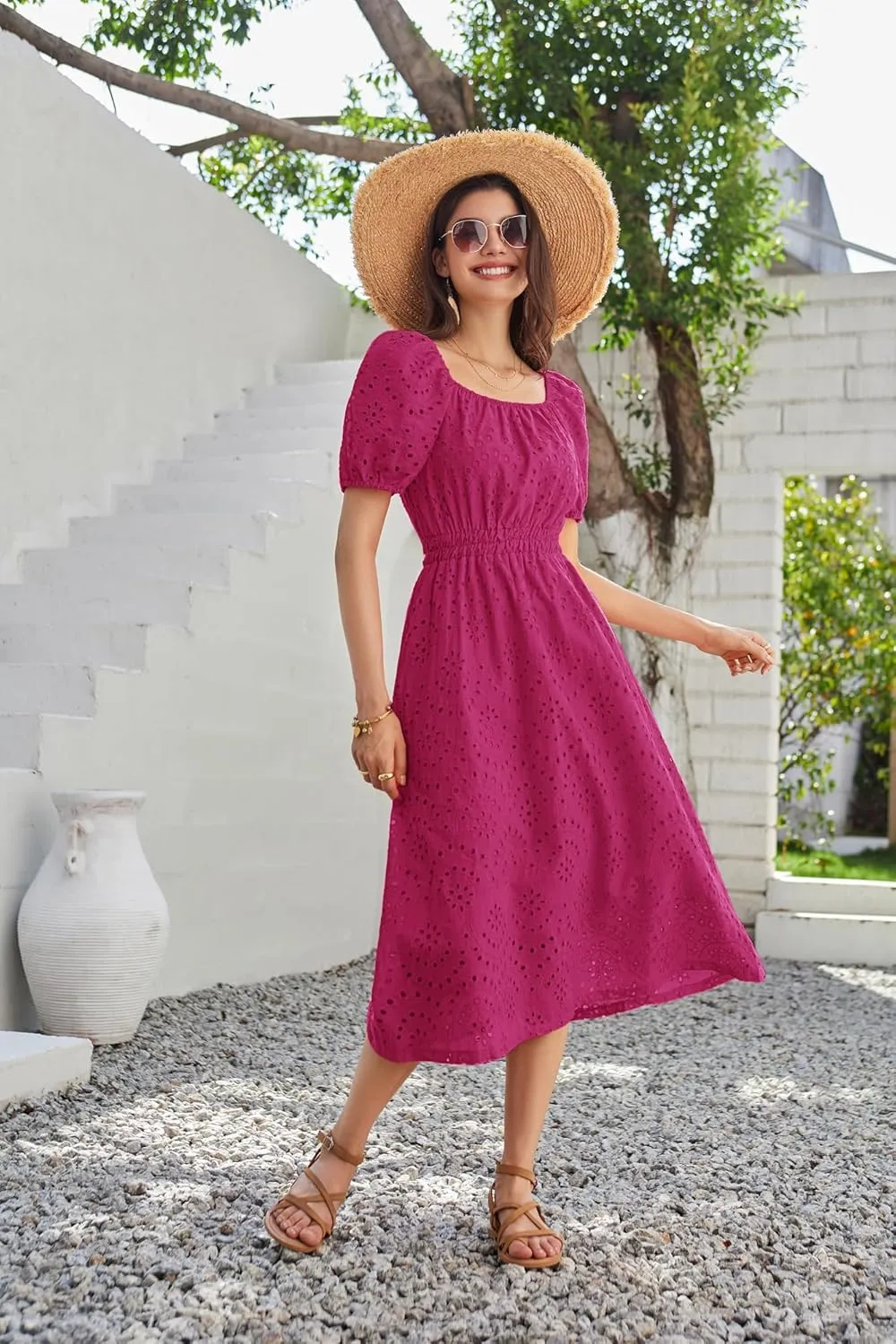 GRACE KARIN 2025 Women's Eyelet Dresses Summer Square Neck Short Puff Sleeve Casual A Line Boho Midi Dress