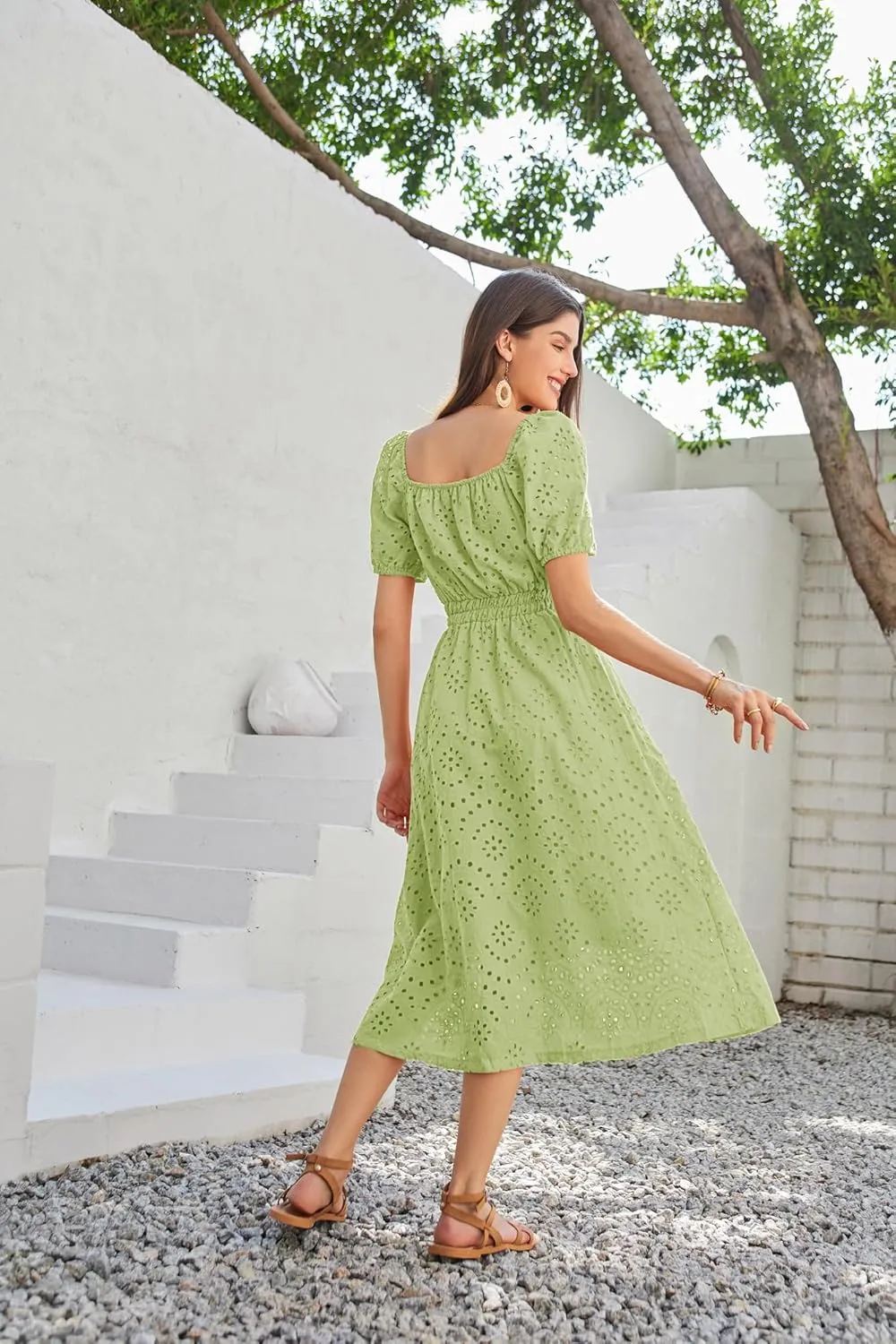 GRACE KARIN 2025 Women's Eyelet Dresses Summer Square Neck Short Puff Sleeve Casual A Line Boho Midi Dress