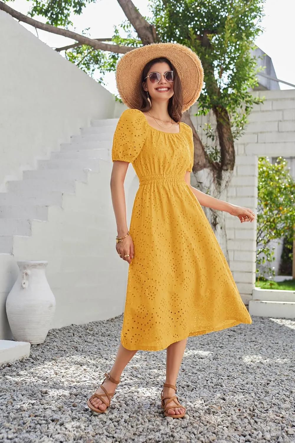 GRACE KARIN 2025 Women's Eyelet Dresses Summer Square Neck Short Puff Sleeve Casual A Line Boho Midi Dress
