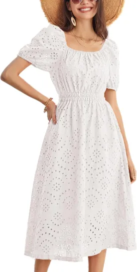 GRACE KARIN 2025 Women's Eyelet Dresses Summer Square Neck Short Puff Sleeve Casual A Line Boho Midi Dress