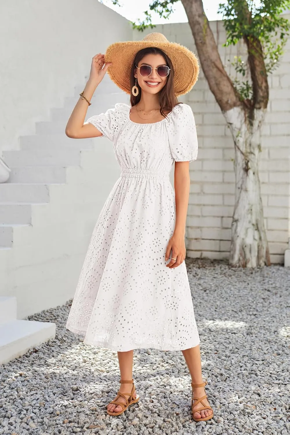 GRACE KARIN 2025 Women's Eyelet Dresses Summer Square Neck Short Puff Sleeve Casual A Line Boho Midi Dress