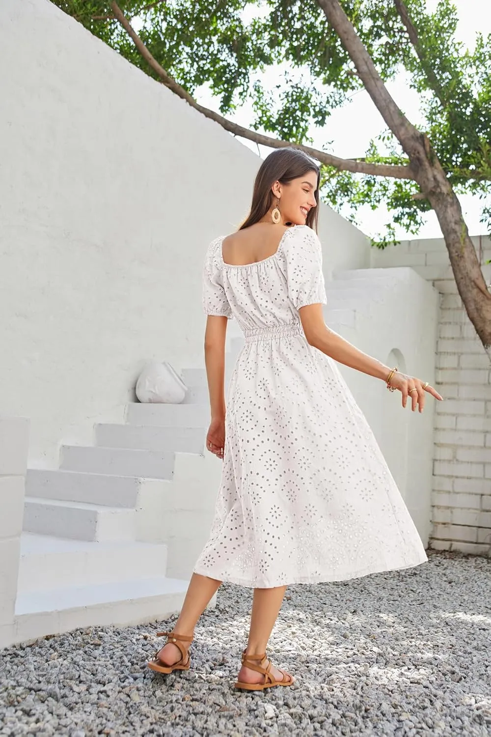 GRACE KARIN 2025 Women's Eyelet Dresses Summer Square Neck Short Puff Sleeve Casual A Line Boho Midi Dress