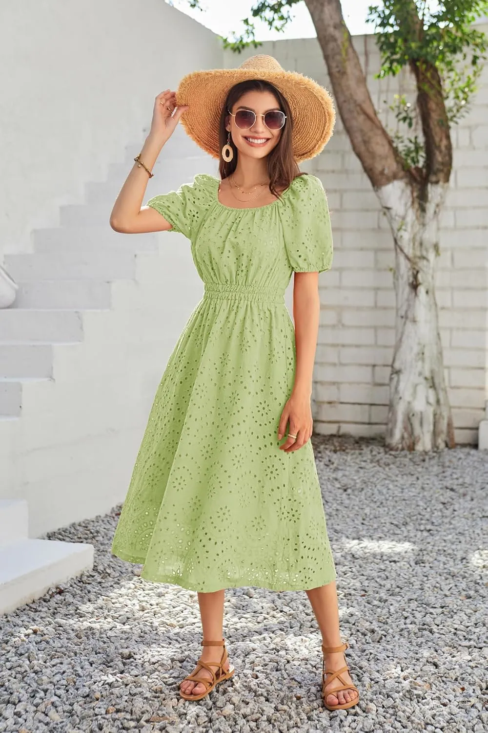 GRACE KARIN 2025 Women's Eyelet Dresses Summer Square Neck Short Puff Sleeve Casual A Line Boho Midi Dress