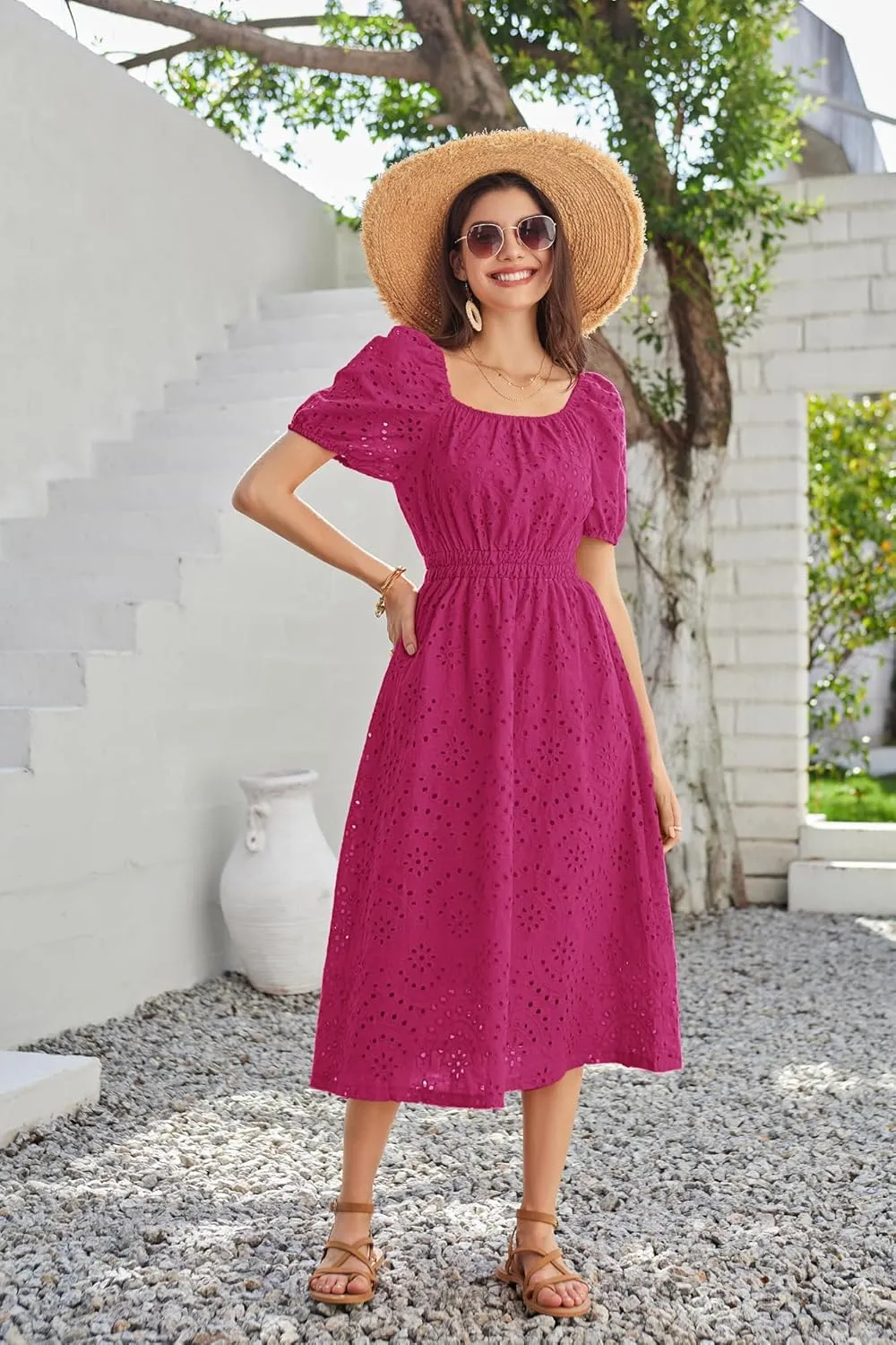 GRACE KARIN 2025 Women's Eyelet Dresses Summer Square Neck Short Puff Sleeve Casual A Line Boho Midi Dress