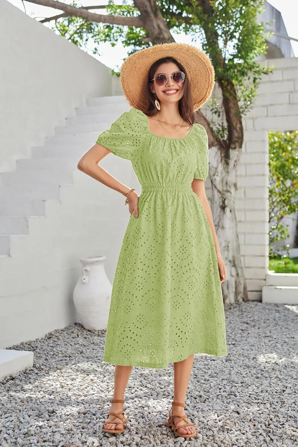 GRACE KARIN 2025 Women's Eyelet Dresses Summer Square Neck Short Puff Sleeve Casual A Line Boho Midi Dress