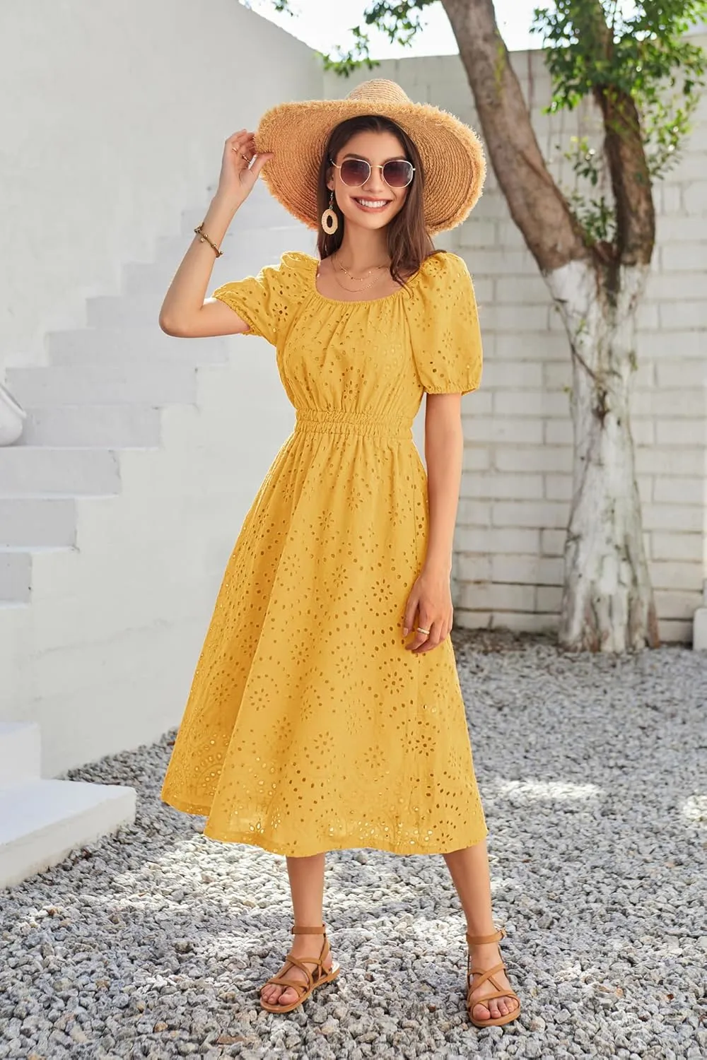 GRACE KARIN 2025 Women's Eyelet Dresses Summer Square Neck Short Puff Sleeve Casual A Line Boho Midi Dress