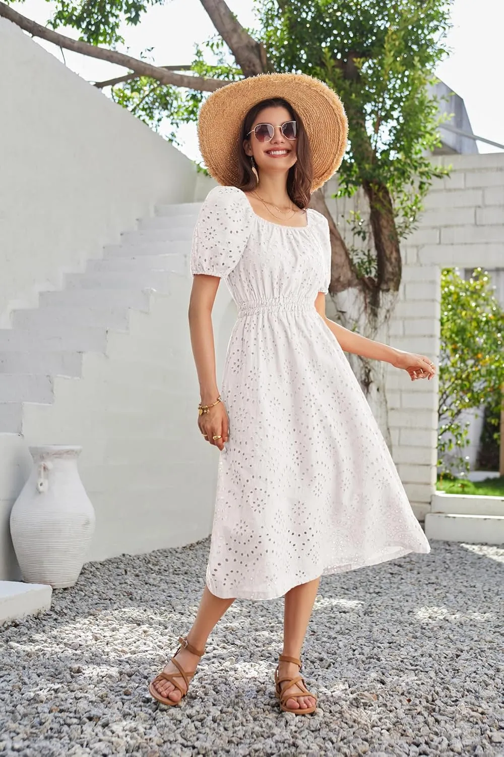 GRACE KARIN 2025 Women's Eyelet Dresses Summer Square Neck Short Puff Sleeve Casual A Line Boho Midi Dress