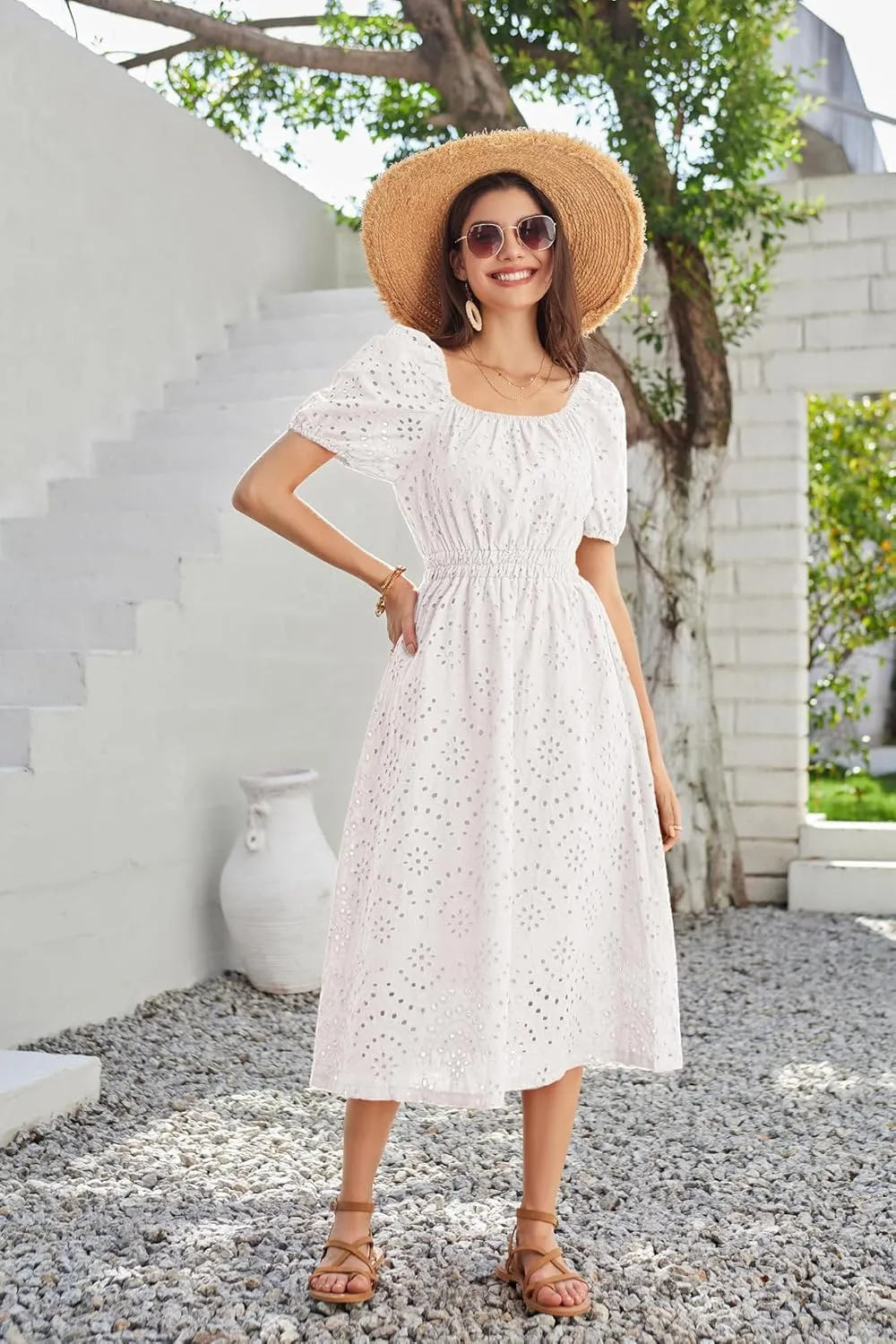 GRACE KARIN 2025 Women's Eyelet Dresses Summer Square Neck Short Puff Sleeve Casual A Line Boho Midi Dress